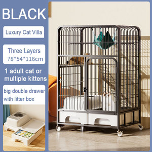 กรงแมวขนาดใหญ่ บ้านแมวเหล็กทรงสี่เหลี่ยมพร้อมกระบะทรายและล้อเลื่อน - Product Image 1