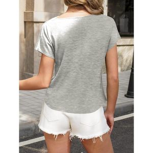 Haut à col bénitier personnalisé pour femme, manches courtes, tricot respirant d'été, chemisier décontracté de bureau, gris - Product Image 3