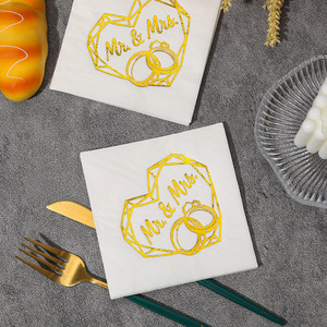 Mr & Mrs Wedding Napkins 250mm Square White Gold Foil Print Party Tableware - Product Image 1