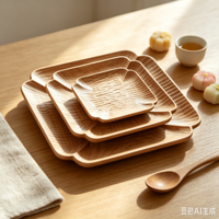 Plateau carré en bois sculpté à texture, plateau carré en bois massif à bordure en pétales ciselés