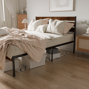 Brown Methol <b>Beds</b> <b>Queen</b> <b>Size</b> Iron Platform <b>Bed</b> <b>Frame</b> Rustic Wood Headboard Footboard Bedroom Furniture - Product Image 6