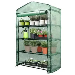 Mini Greenhouse 4-story portable plant greenhouse gardening shelves, PE cover and roll-up zipper door