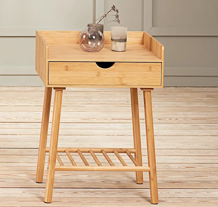 Modern Design Solid Bamboo Bedside Table with Storage Drawer for Bedroom