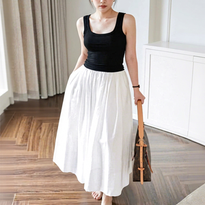 CV759 Women Solid <b>White</b> High Waist Pleated Maxi <b>Skirt</b> Breathable <b>Summer</b> Bottom Ready to Ship - Product Image 1