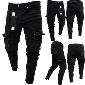新款时尚男士紧身牛仔裤长裤牛仔战斗自行车口袋弹力黑色工作裤