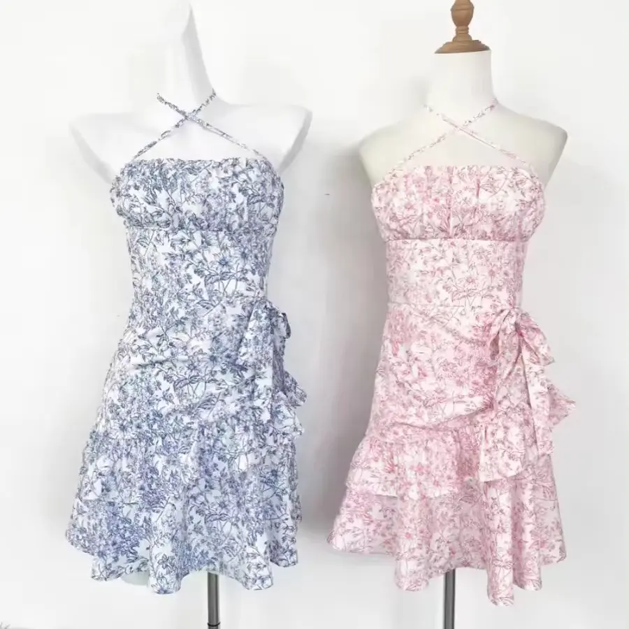 Summer White Blue Pink Bulk Floral Dress Ruffle Halterneck Tie Waist Sexy Mini Skirt wholesale