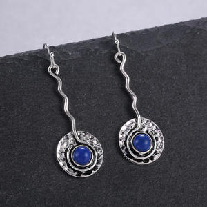 Pendientes colgantes de plata tibetana con engaste de lapislázuli, estilo vintage para mujer, joyería chapada en plata antigua - Product Image 5