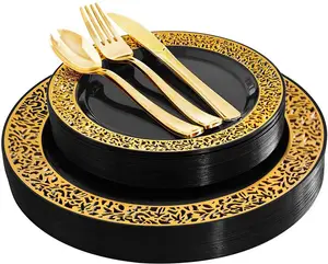 10.25 inch Heavy Duty wedding disposable Black Plastic Dinner Plates with Gold Lace Design for party