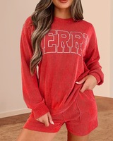 Ensemble de loungewear décontracté en tricot pour femme, collection Automne Hiver Joyeux Noël, vert, haut à manches longues, longueur au-dessus du genou, uni teint