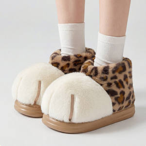 Women Cute Cat Paw Plush <strong>Slippers</strong> High Ankle Cotton <strong>Boots</strong> Leopard Print Fluffy Home Footwear <strong>With</strong> Anti Slip EVA Outsole - Product Image 2
