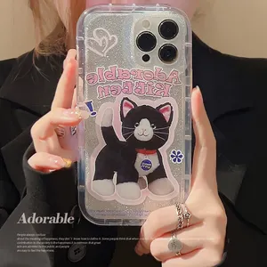 Flash Pink INS Funny Puppet Cat Anti Drop Transparent Phone Case for iPhone 15 pro 14 plus 14 Pro 13 Pro max 12 11