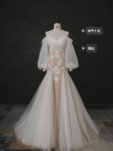 2025 cola de cola pequeñ<span class=keywords><strong>a</strong></span> de novia que cubre los brazos <span class=keywords><strong>para</strong></span> salir vestido de noche de un hombro con temperamento de gasa - Product Image 3