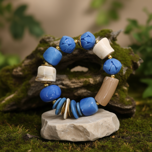 Fashion <b>Beaded</b> <b>Bracelet</b> Blue And Cream Stone With Gold Plated Accents Stretchable Design For Women - Product Image 3