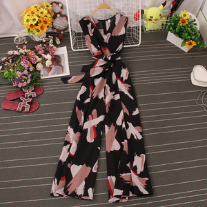 Tuta da donna estiva nuovo stile <span class=keywords><strong>Chiffon</strong></span> pantaloni larghi a vita alta senza maniche con stampa Slash tute alla moda - Product Image 2