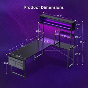 Bureau de jeu moderne en métal avec étagères de rangement et éclairage LED, finition noire, table de travail multifonctionnelle pour ordinateur - Product Image 2