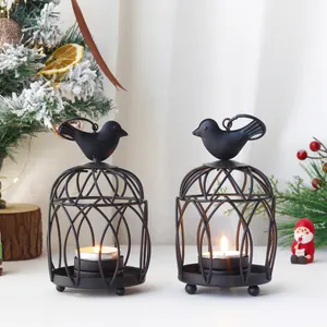 2 Stuk Vogel Top Zwarte Kleine Opknoping Birdcage Theelichtje Lantaarn Decoratieve Kandelaars Voor Tafel Wedding Party