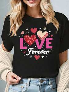 T-shirt da donna con scollo rotondo e stampa Love Forever Heart Rose Lock, primavera estate - Product Image 3