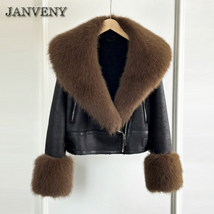JANVENY 2024 inverno grande cappotto in pelliccia di volpe sintetica con pelliccia di montone da <span class=keywords><strong>donna</strong></span> in pelliccia di agnello con polsino giacca corta in pelle sintetica - Product Image 2
