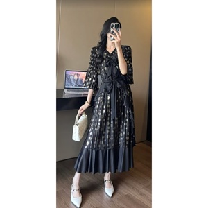 <span class=keywords><strong>Vestido</strong></span> Casual Elegante para Mujer, con Lazo Decorativo, Plisado, Corte en A, Cuello en V con Volantes, <span class=keywords><strong>Manga</strong></span> <span class=keywords><strong>Media</strong></span>, Largo <span class=keywords><strong>Midi</strong></span>, para Uso Diario - Product Image 3