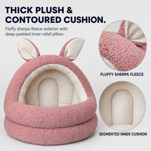 Lit pour animaux de compagnie semi-fermé en forme d'oreilles de lapin, en peluche sherpa, nid pour chat, maison de sommeil chaude pour chiot, pour usage en intérieur - Product Image 4