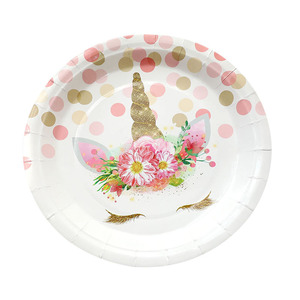 Juego de Platos y Vasos de Papel con Diseño de Unicornio de Puntos Rosas, Vajilla Desechable para Fiestas de Cumpleaños Infantiles - Product Image 3