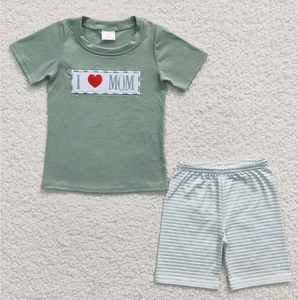 <span class=keywords><strong>Abbigliamento</strong></span> all'Ingrosso per Fratelli Coordinato con Ricamo 'I Love Mom' a Righe Verdi Estivo per Bambini - Product Image 4