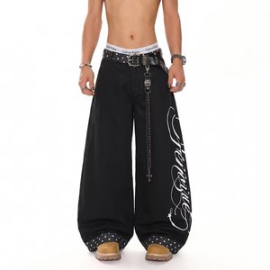 Black Wide Leg Men <b>Jeans</b> Printed <b>Flared</b> Denim Look Casual Streetwear Trousers for Autumn - Product Image 3