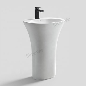 Gris salle de bain lavabo autoportant à surface solide lavabo sur colonne, fonte ovale <span class=keywords><strong>pierre</strong></span> composite lavabo à fixation au sol - Product Image 2