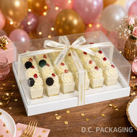 Boîte à dessert de luxe avec couvercle transparent et insert pour 12/24 gobelets, base blanche élégante, emballage pour gâteaux avec ruban doré, cadeaux de fête