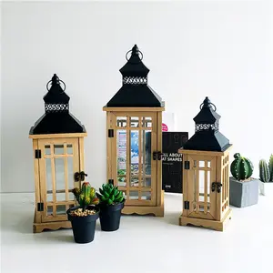 Set Of 3 Candle Holder Camping Lantern Garden Rechargeable Wooden Lantern With Free Sample