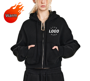 קפוצ'ונים חורפיים קצרים לנשים עם רוכסן, שני כיסים צדדיים, שרוולים מצולעים, עיצוב הניתן להתאמה אישית, בטנת פליז מוברשת, בסגנון קצר - Product Image 1