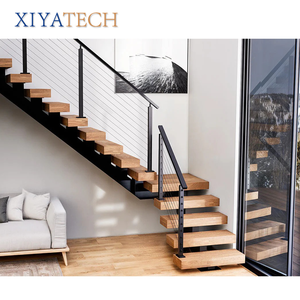 Escalera flotante moderna <span class=keywords><strong>con</strong></span> iluminación <span class=keywords><strong>LED</strong></span> XIYATECH <span class=keywords><strong>con</strong></span> escalones de madera maciza, barandilla de vidrio sin marco, larguero de acero Invisible para villas - Product Image 4