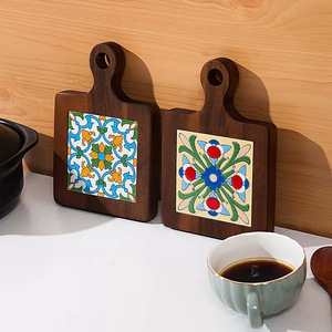 Walnut Wood Patterned Tile <b>Placemat</b> Square Enamel Design With Handle <b>For</b> Home <b>Table</b> Use - Product Image 1
