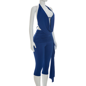Viviblook C26ST231 Ensemble 2 pièces sexy d'été pour femme : débardeur sans manches à col licou et pantalon court de couleur unie - Product Image 3
