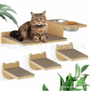 Estante de pared de madera para gatos con estación de alimentación y almohadilla antideslizante para gatos de interior - Product Image 1