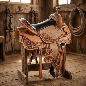 STAR HOMETEX Selle Western en Cuir Premium Faite à la Main, Arceau en Bois, Finition Bicolore, Siège Rembourré en Daim Noir, Motifs Floraux Complexes - Product Image 3