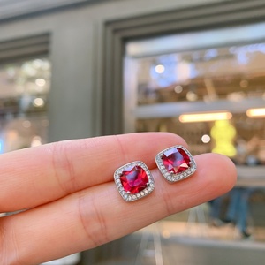 Fashion 12*12mm Red Zircon Princess Cut Vintage Wedding <b>Earrings</b> Ring Eco-friendly Brass Red Bridal Jewellery 3Pcs <b>Sets</b> - Product Image 5