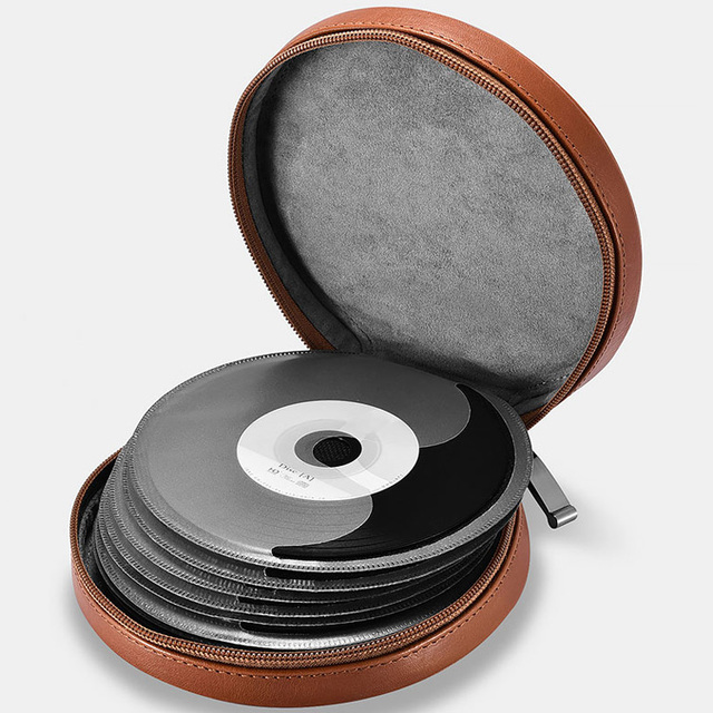 Luxury Leather CD/DVD Player Bags Soft Lining and Waterproof with Safe Zipper Stackable Round Storage Cases
