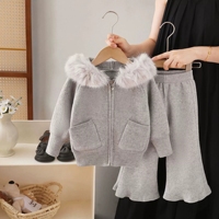 Cardigan à capuche en acrylique et élasthanne tricoté à grand col, ensemble pull pour enfants, style coréen, épaissi, double poche, coupe ample, couleur unie