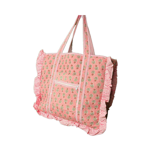 Customized Quilted Cotton Vintage Floral Quilted Large Ruffle Tote <strong>Bag</strong> Handprinted <strong>Boho</strong> Shopping <strong>Bag</strong> for Women - Product Image 5