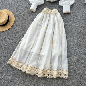 Skirt Two Piece Set For <strong>Ladies</strong> Puff Sleeve Blouse High Waist Lace Trim Long Skirt Two Piece <strong>Outfit</strong> 2pcs <strong>Ladies</strong> Dress - Product Image 3
