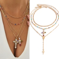 Collier pendentif croix serti de diamants style hip-hop européen et américain, ensemble de colliers ras du cou en cristal coloré