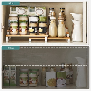 Juego de 2 estantes de especias de bambú, estante de gabinete de metal blanco, soporte de almacenamiento de especias extensible de 3 niveles - Product Image 3