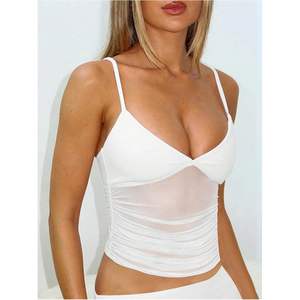 Soly Hux – Haut court en maille transparente pour femme, col en V, bretelles spaghetti, froncé, style club, taille naturelle - Product Image 1