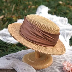 Wholesale Female Straw <b>Hat</b> With Satin Ribbon Wide Brim Sun Beach <b>Hat</b> Summer French <b>Flat</b> Top Bowler Straw <b>Hat</b> - Product Image 4