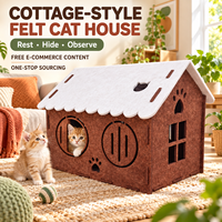 Maison pour chat en feutre de style cottage personnalisée, lit-caverne fermé pour animaux de compagnie avec entrée en forme de visage de chat, vente en gros OEM ODM