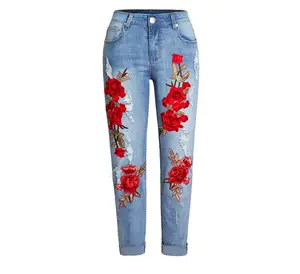 工場カスタム女性用ストレッチルーズジーンズカラフルな花3Dステレオ刺繍破れたジーンズ