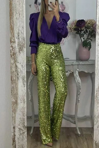 <span class=keywords><strong>Pantaloni</strong></span> <span class=keywords><strong>Eleganti</strong></span> King Mcgreen Star <span class=keywords><strong>con</strong></span> Paillettes, <span class=keywords><strong>Vita</strong></span> Alta, Gamba Larga, Slim Fit, Luminosi, Tinta Unita, Elastici, Streetwear - Product Image 2