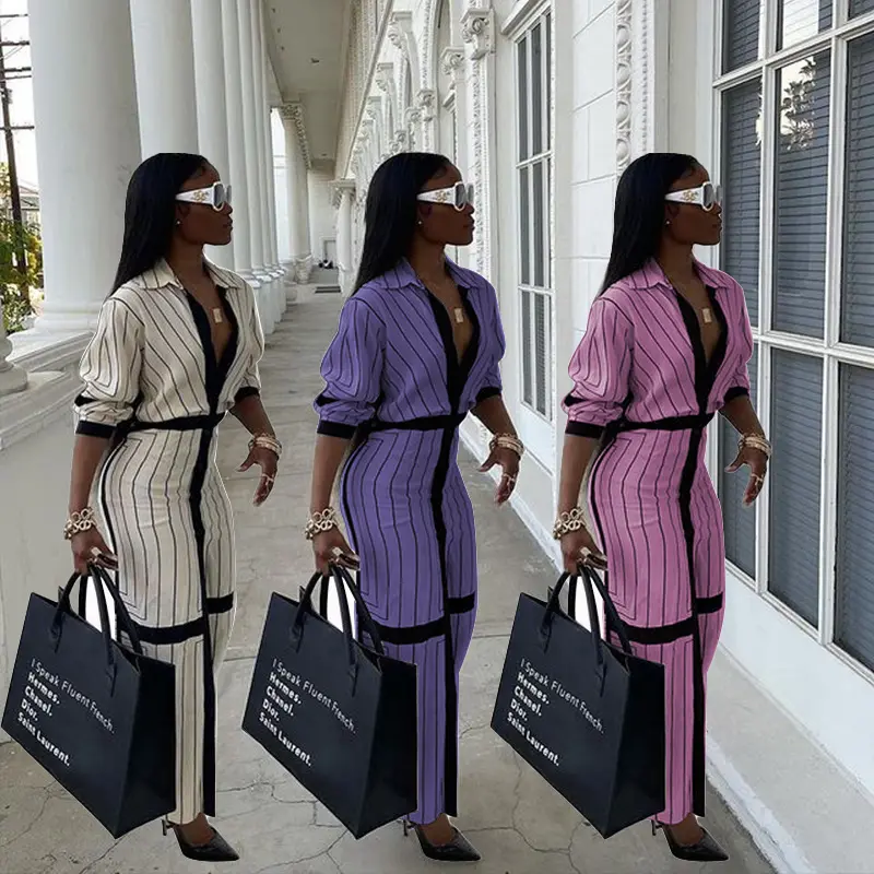 2023 New Trendy Elegant Dresses Polo Shirt Turn-Down Collar Skirt Sexy Stripe Printed Long Dress For Women