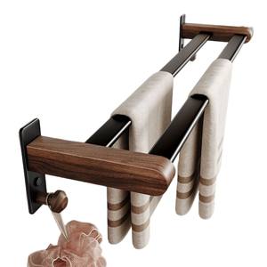 Porte-serviettes en noyer <span class=keywords><strong>sans</strong></span> perçage, barre à serviettes de salle de bain, double barre, fixation murale, rangement pour serviettes de salle de bain, porte-serviettes suspendu - Product Image 5
